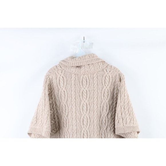 Vintage 90s Womens Small Chunky Donegal Wool Knit Fisherman Poncho Sweater Beige - Picture 8 of 9